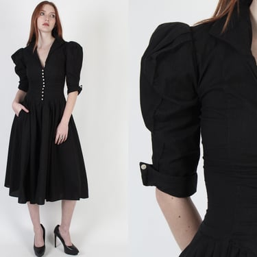 1900s Style Black Edwardian Button Up Dress / Pin Striped Victorian Inspired Goth Dress / Vintage 80s Barn Wedding Gown With Pockets 