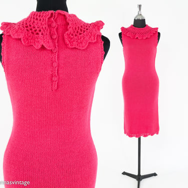 1960s Hot Pink Wool Knit Dress | 60s Pink Knit Sleeveless Sheath | Jonathan Logan | Small 