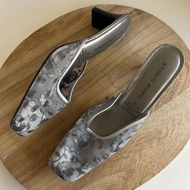 Vintage 90s Studio Rama Silver Metallic Sheer Floral Square Toe Heeled Mule 8.5 