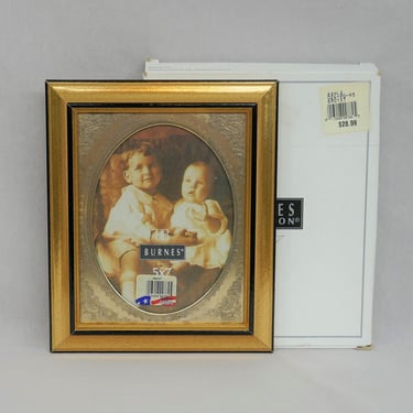 Vintage 5" x 7" Picture Frame - Burnes of Boston - Gold Painted Wood w/ Black Trim, Embossed Metal Oval Mat - Tabletop or Wall - New in Box 