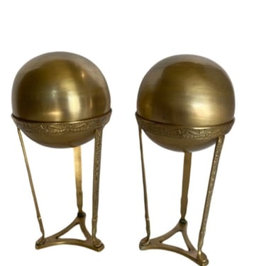 Art Nouvea Style Pair of Embossed Brass Crystal Orb and Pedistals 