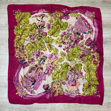 1950s silk scarf, novelty print, victorian, vintage scarf, huge, hand rolled, magenta, dancers, jester, 33 inch, French tablecloth, Louis 