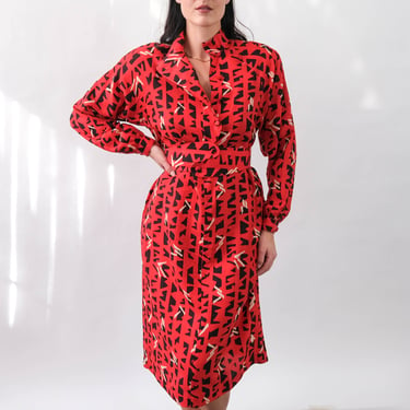 Vintage 80s Red Silk Plaid Jacquard Belted Dress w/ Black & Ivory Geometric Pattern | 100% Silk | 1980s Silk Bohemian Streetwear Dress 