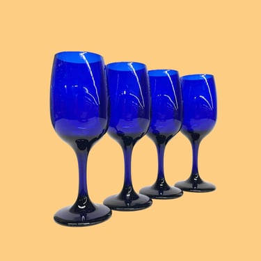 Vintage Wine Glass Set Retro 1970s Libbey + Mid Century Modern + Cobalt Blue + Set of 4 + Goblets + MCM + Stemmed + Home and Bar Decor 