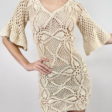 70s White Sands Crochet Mini Dress