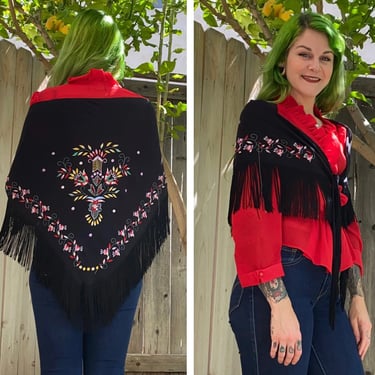 Vintage 1970’s Sheer Black Shawl with Colorful Embroidery 