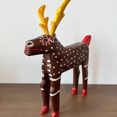 Vintage Guatemalan Carved Polychrome Painted Wooden Mythical Deer Reindeer Folk Art Sculpture, circa 1940s, Latin America / Central American 