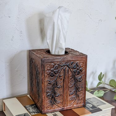 Vintage Copper Hand Carved Floral Design Tissue Box Cover 