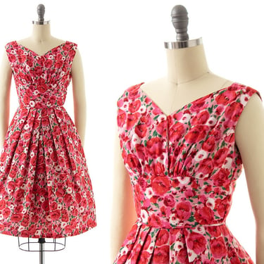 Vintage 1950s Sundress | 50s Rose Floral Printed Cotton Rayon Pink Full Skirt Fit and Flare Bridesmaid Party Dress (x-small) 