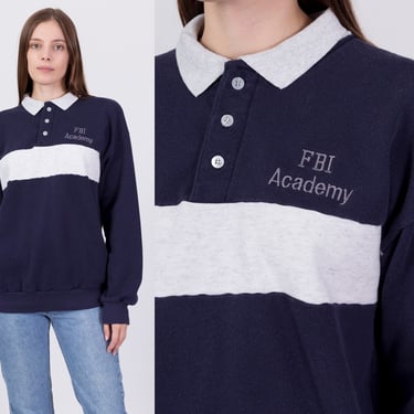90s FBI Academy Sweatshirt - Men's Medium, Women's Large | Vintage Navy Blue Striped Collared Henley Pullover 