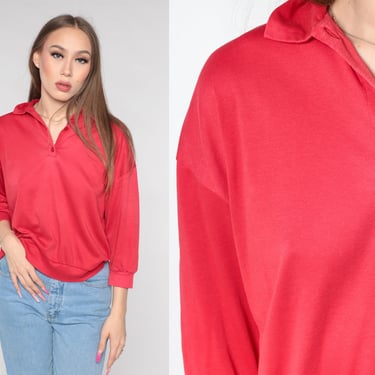 Plain Red Sweatshirt 80s 90s Polo Sweatshirt Long Sleeve Shirt Quarter Button Slouchy Collared 1980s Vintage Pullover Medium 