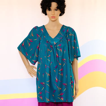 Vintage 1980s Teal Flutter Sleeve Top | Large / XL | 16 