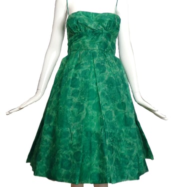 1950s Green Organza Print Dress, Size-4