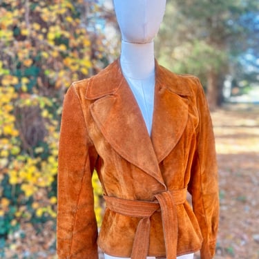 1970s Chestnut Belted Suede Cropped Jacket Vintage 36 Bust Made in Canada 