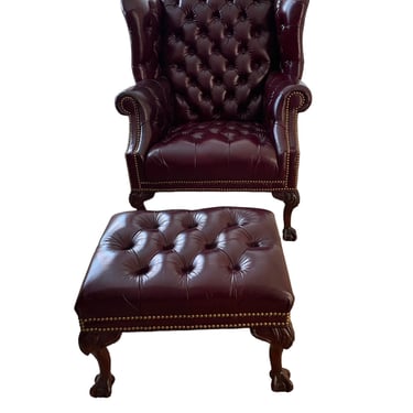 Leathercraft Burgundy Tufted Rollback Arms Wingback Chair & Ottoman KW214-35