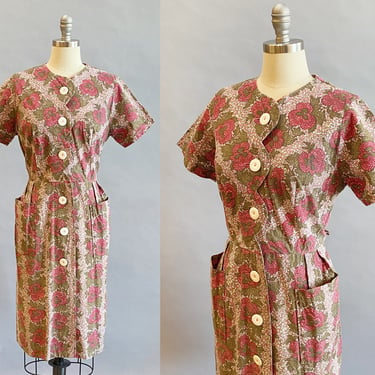 1950's Day Dress / Floral Print Dress / 50's Shirtwaist Dress / Size Extra Large XL 