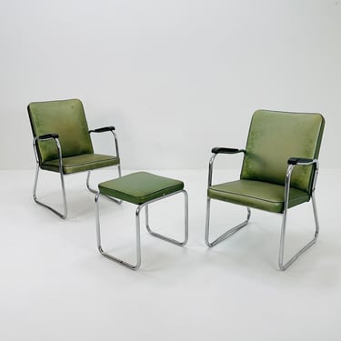 Mid century Original Mauser tubular steel armchairs and ottoman set 1940s Germany 