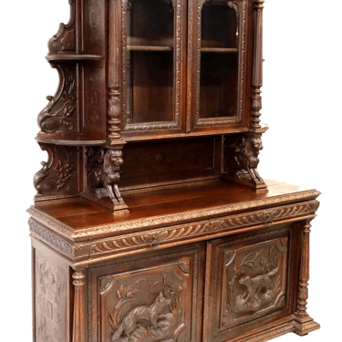 Antique Sideboard, Bookcase, French, Carved Oak, Hunt, Glass, Birds, 1800s!!