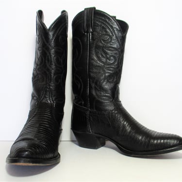 Vintage Tony Lama Lizard Cowboy Boots, Black Leather, Size 8C Men 