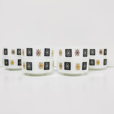Vintage Federal Glass / Starburst Snowflake / Milk Glass/  Dessert Bowls / Gold & Black / Set of 8 / FREE SHIPPING 