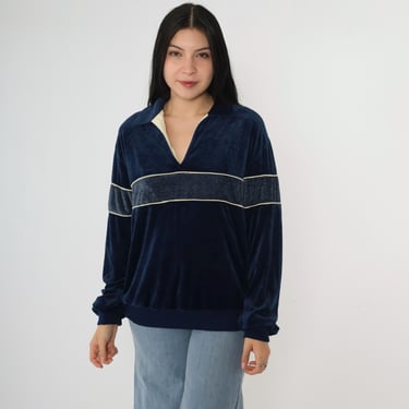 80s Striped Velour Sweatshirt Navy Blue Pullover Tan Grunge Sweater Retro Long Sleeve Top 1980s Plain Normcore Men's Medium M 