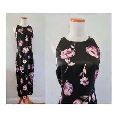 Vintage 90s Floral Maxi Dress - 1990s Formal Satin Cocktail Dress - Black & Purple Flower Print - Size Small 