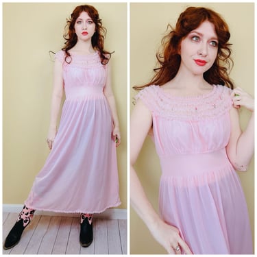 1960s Vintage Penney's Adonna Pink Nylon Nightgown / 60s Ruffled Pastel Fit and Flare Lace Slip Dress / Large 