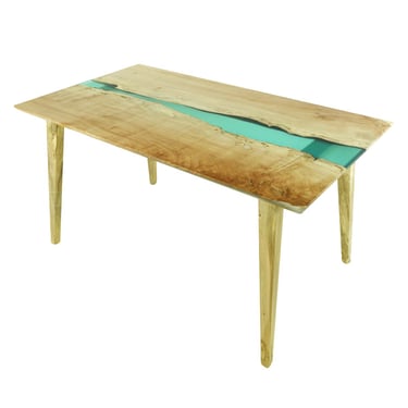 Handcrafted 5 ft Natural Maple Blue Resin Waterfall Dining Table