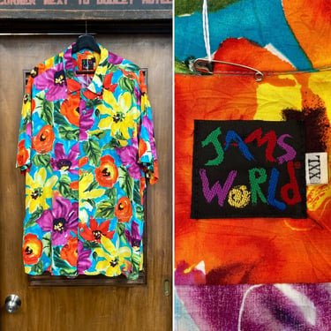 Vintage 1990’s Size XXL “Jams World” Rayon Floral Tiki Hawaiian Shirt, 90’s Vintage Clothing 