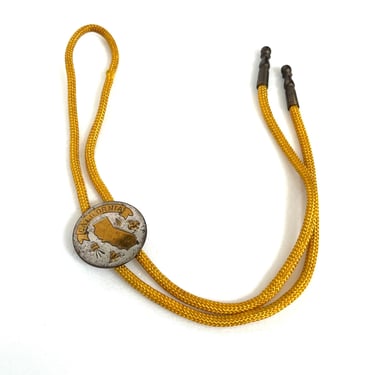 RARE California State Coin Bolo Tie, Vintage Map Pendant on Yellow Braided Cord, Western Collector Accessory, Unique Regional Gift, Cali 
