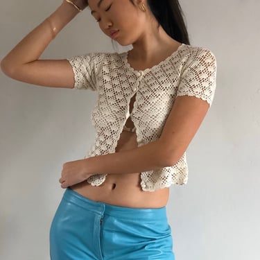 90s crochet cropped cardigan / vintage Esprit creamy white sheer crochet button front short sleeve crop top sweater cardigan | Small 