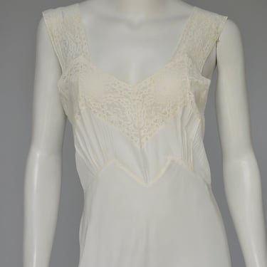 1930s white rayon bias cut dress slip with lace S/M 