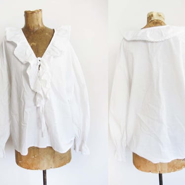 90s White Ruffle Blouse M L  - 1990s Pirate Puffy Shirt - Cottagecore Romantic Cotton Long Sleeve Flowy Top 