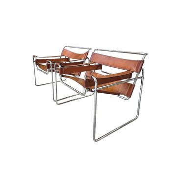 Wassily Leather & Chrome Lounge Chairs by Marcel Breuer - a Pair