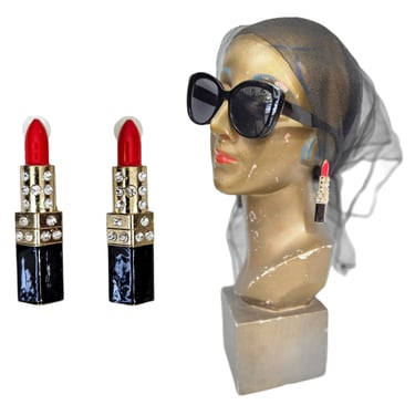 1980's Enamel Red Gold Rhinestone Lipstick Pierced Earrings I Large I 3" 