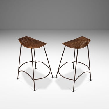 Set of Two (2) Mid-Century Modern Counter Height Wrought Iron Barstools in the Manner of Arthur Umanoff, USA, c. 1970's 