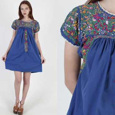 Royal Blue Oaxacan Mini Dress / Colorful Hand Embroidery / Vintage Womens Mexican Vestido / Floral Dia De Los Muertos Fiesta Cotton Dress 