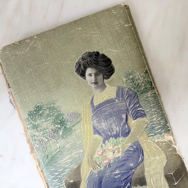 Antique Photo Album Victorian Woman Lithuanian Handmade Collage Green Purple Vintage Decor Shabby Chic European Brocante Display 