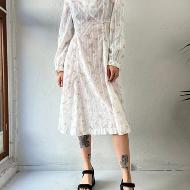 80s Floral Print Handmade Sheer Long Sleeve Cottage Core Midi Dress / Small 