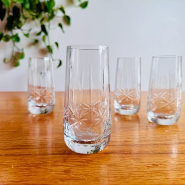 Set of Four Vintage Bohemia Crystal Etched Tumblers, 1980s Glassware, Vintage Water Glass Set 