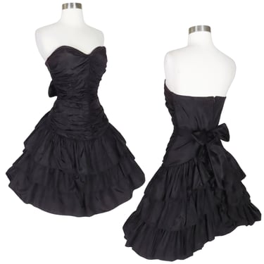 Vintage 80s Black Strapless Ruched Tiered Full Skirt Cocktail Party Prom Dress XS Extra Small Short Bustle Back Womens Mini Skirt Womens BOW 