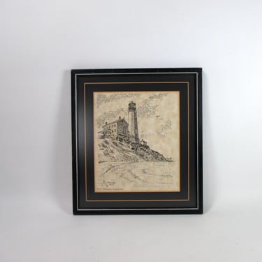 Antoinette Otwell Pen & Ink Fine Art Print Vintage Cape Henlopen Lighthouse Black and White Framed Lithograph Nautical Themed Litho Sketch 