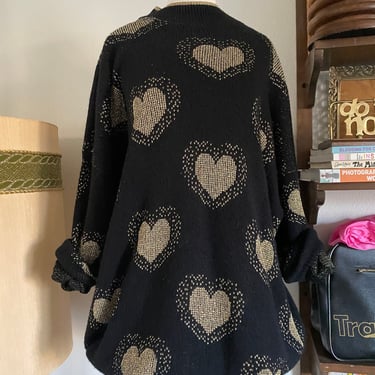 Vintage 80s Black Gold Chunky Lurex Knit Novelty Heart Oversized Sweater Plus; 80s Frederick's of Hollywood Tinsel Holiday Sweater Dress OS 