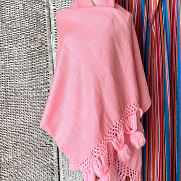 Soft Cotton Woven Shawl, Pom Fringe, Large Size Vintage Wrap, Deep Pink, Mexico, Boho, Bohemian, Hippie, Rebozo 