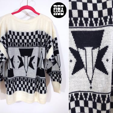 Unique Vintage 80s 90s Black White Art Deco Geometric Patterned Novelty Sweater 