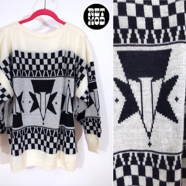 Unique Vintage 80s 90s Black White Art Deco Geometric Patterned Novelty Sweater 