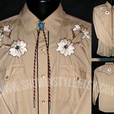 Vintage Western Men's Cowboy and Rodeo Shirt by Chute #1, Rockabilly, Khaki with Embroidered White Flowers, Size Large (see meas. photo) 