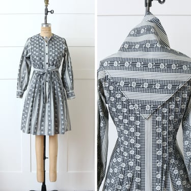 vintage 1970s bohemian dress & head scarf • indigo floral and ticking stripe long sleeve cotton dress set 