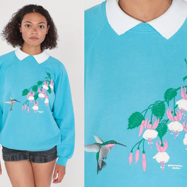 Floral Sweatshirt 90s Blue Hummingbird Collared Sweatshirt Fuchsia Flower Bird Graphic Grandma Sweater Vintage 1990s Morning Sun Medium 