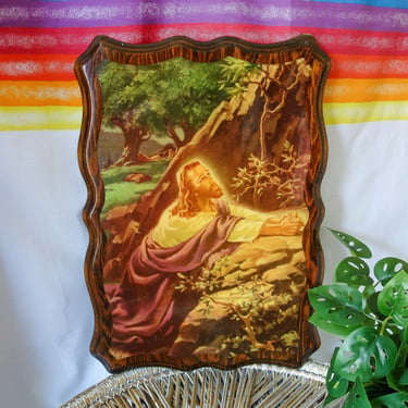 Vintage HUGE Jesus portrait 22x15.5" resin wood art, 1970s religious icon shellac wall hanging Christ prayer print painted by Warner Sallman 